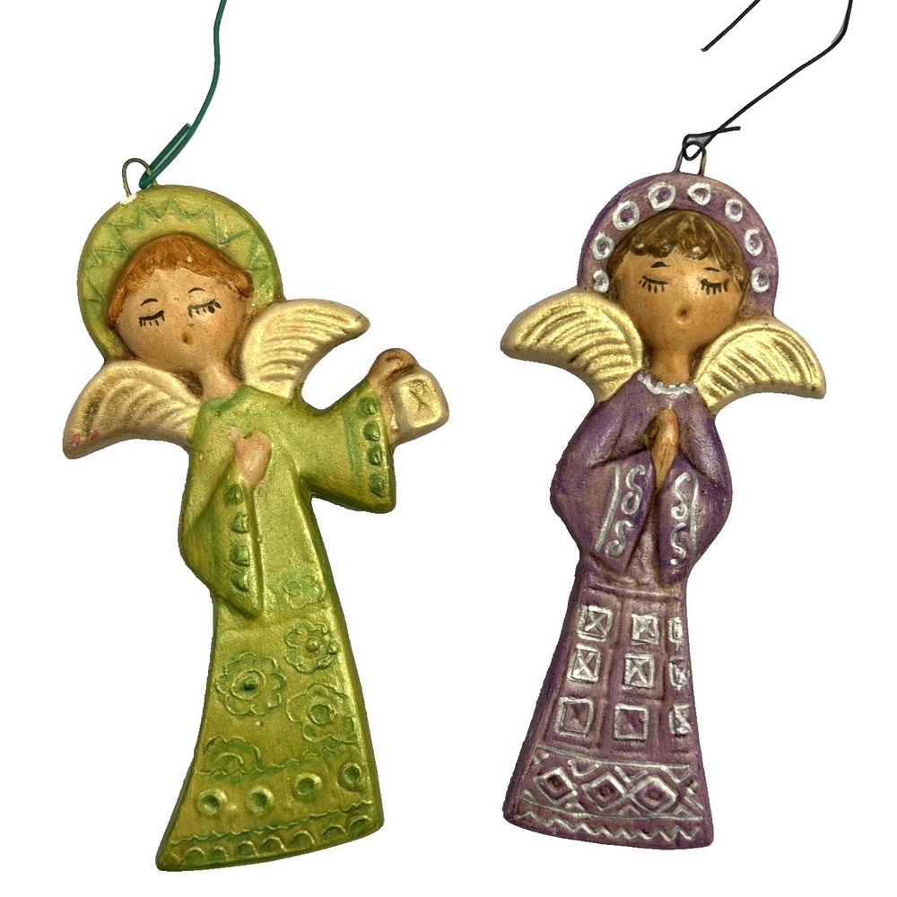 Vintage 1960s Chalkware Angels Christmas Tree Ornaments Lot Of 2 Unbranded Japan